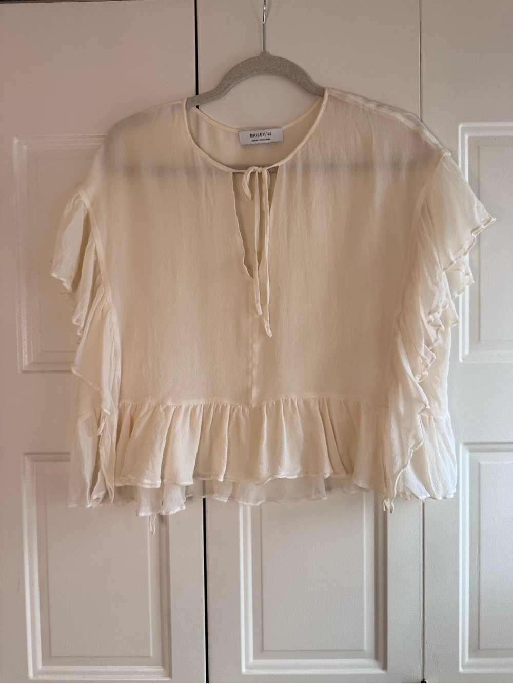 Bailey 44 Cream Ruffle Tie-Neck Peplum Blouse